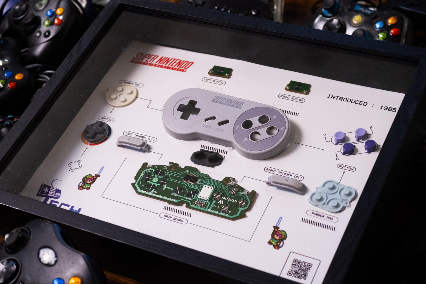 Retro Gaming Controller Shadow Box - Disassembled SNES Controller | Tech Relics LLC | Perfect for Gamers and Collectors | 11x14