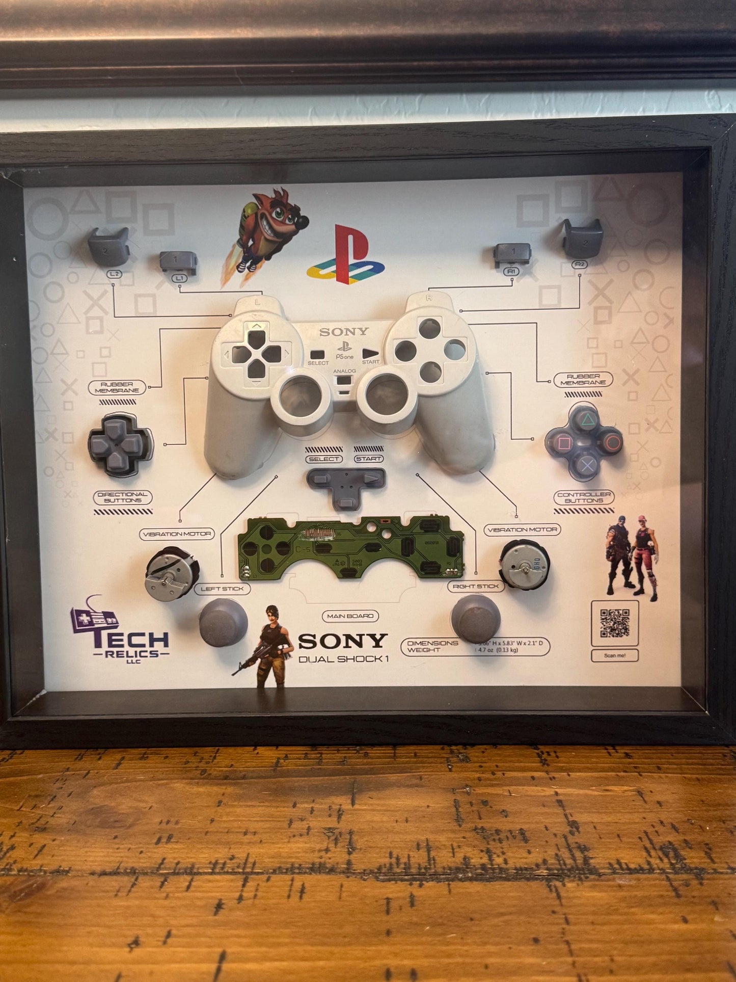 Retro Gaming Controller Shadow Box - Disassembled PlayStation 1 Controller | Tech Relics LLC | Perfect for Gamers and Collectors | 11x14